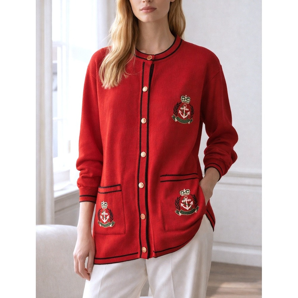 Vintage Triko XL Preppy Red Cardigan Embroidered Crest Old Money New England - Picture 1 of 12